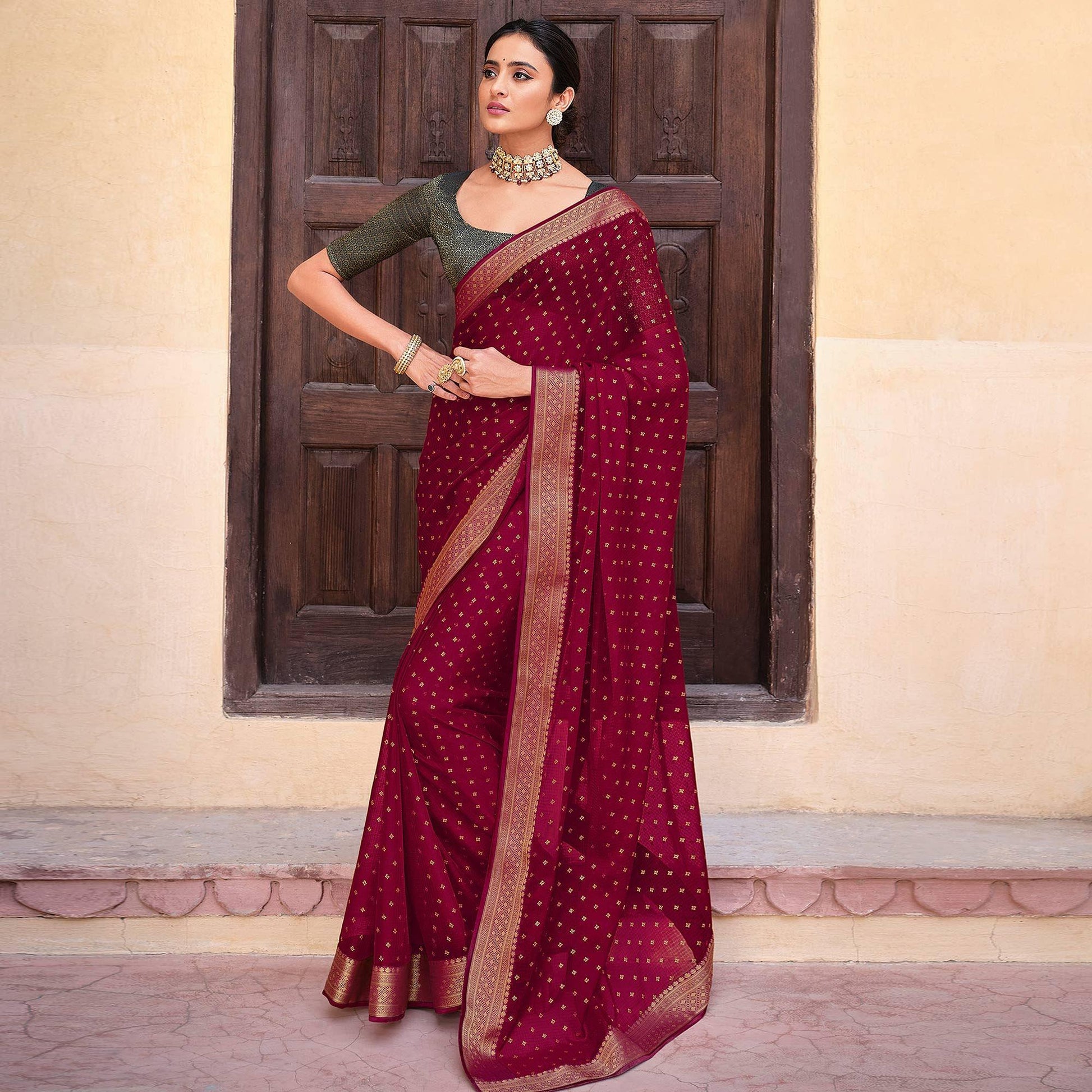 Maroon Woven Chiffon Saree