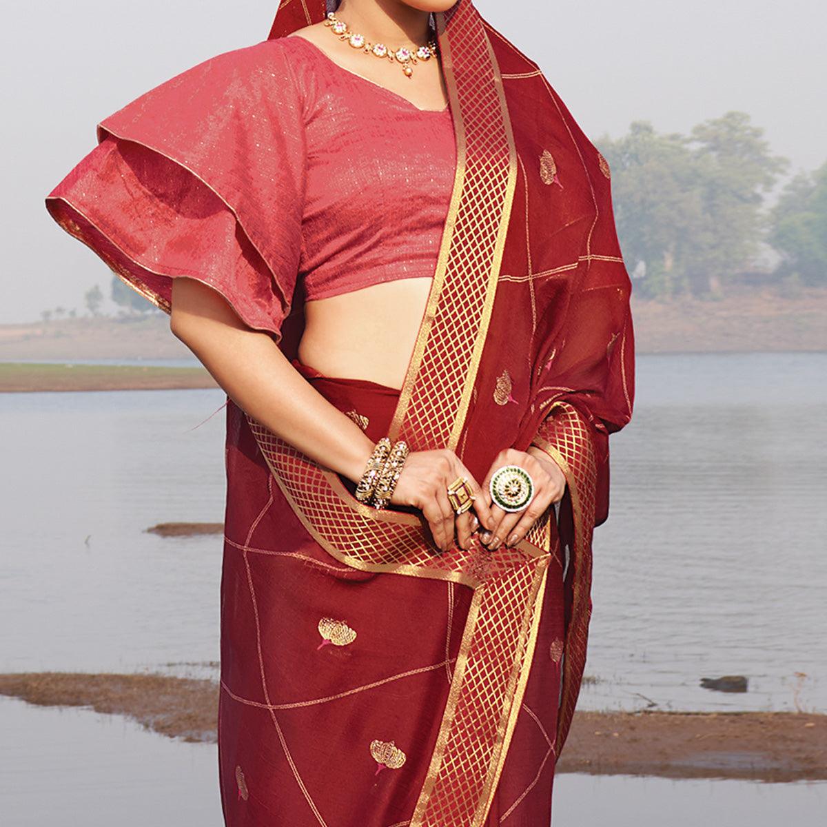 Maroon Woven Chiffon Saree