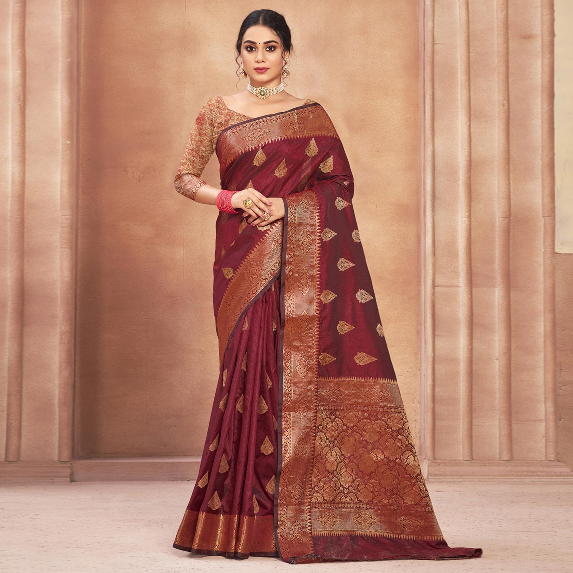 Maroon Woven Cotton Silk Saree
