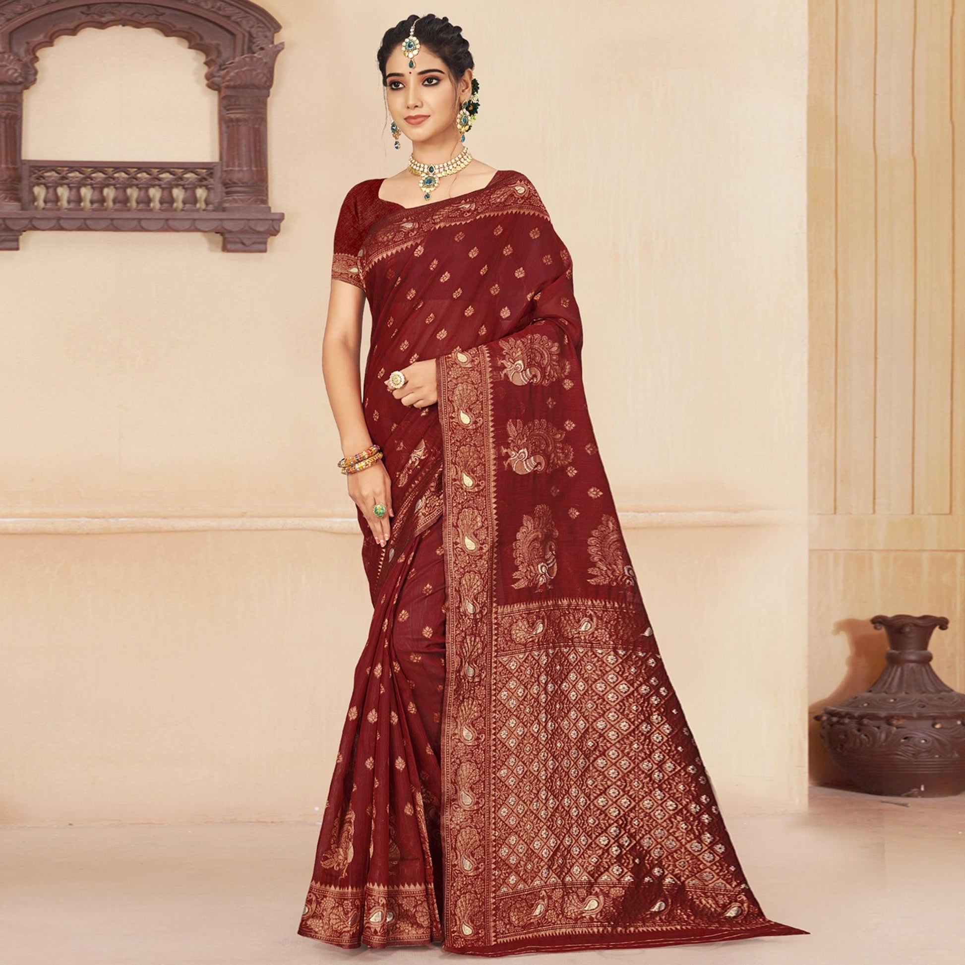 Maroon Woven Cotton Silk Saree