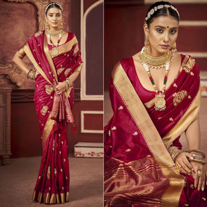 Maroon Woven-Embroidered Raw Silk Saree With Tassels