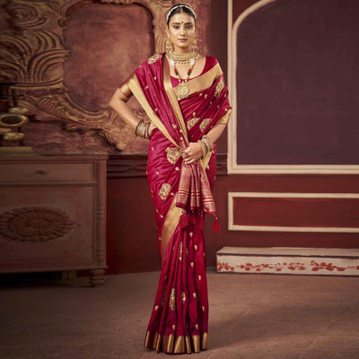 Maroon Woven-Embroidered Raw Silk Saree With Tassels