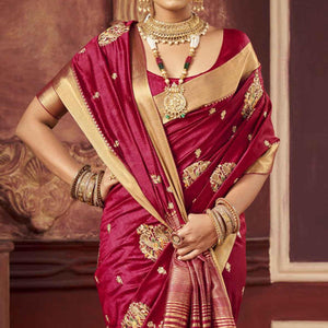 Maroon Woven-Embroidered Raw Silk Saree With Tassels