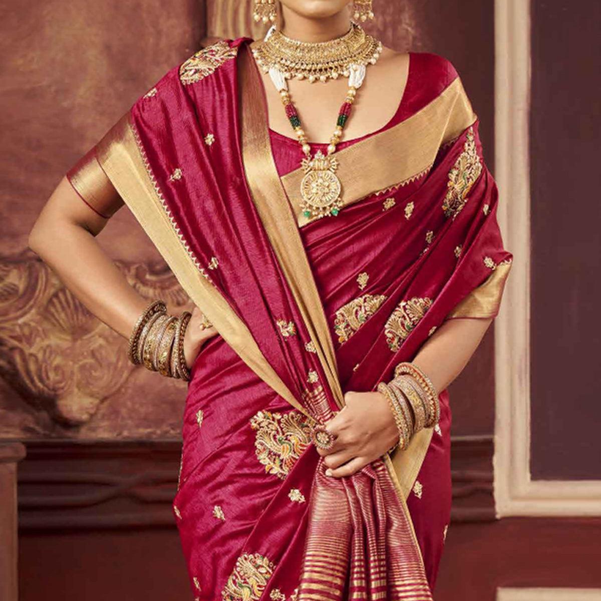 Maroon Woven-Embroidered Raw Silk Saree With Tassels