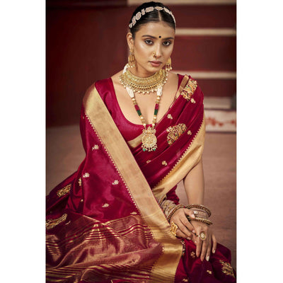Maroon Woven-Embroidered Raw Silk Saree With Tassels