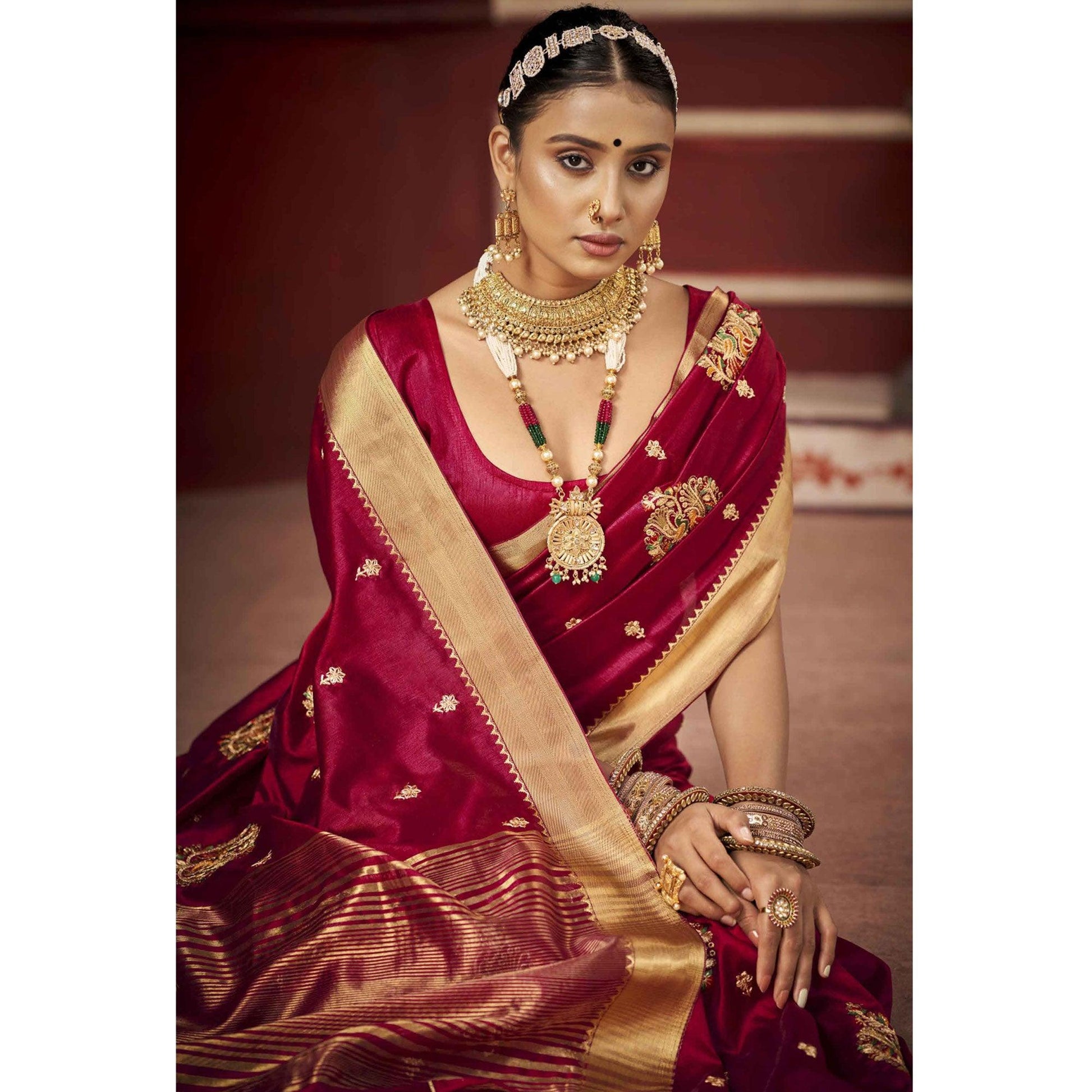 Maroon Woven-Embroidered Raw Silk Saree With Tassels