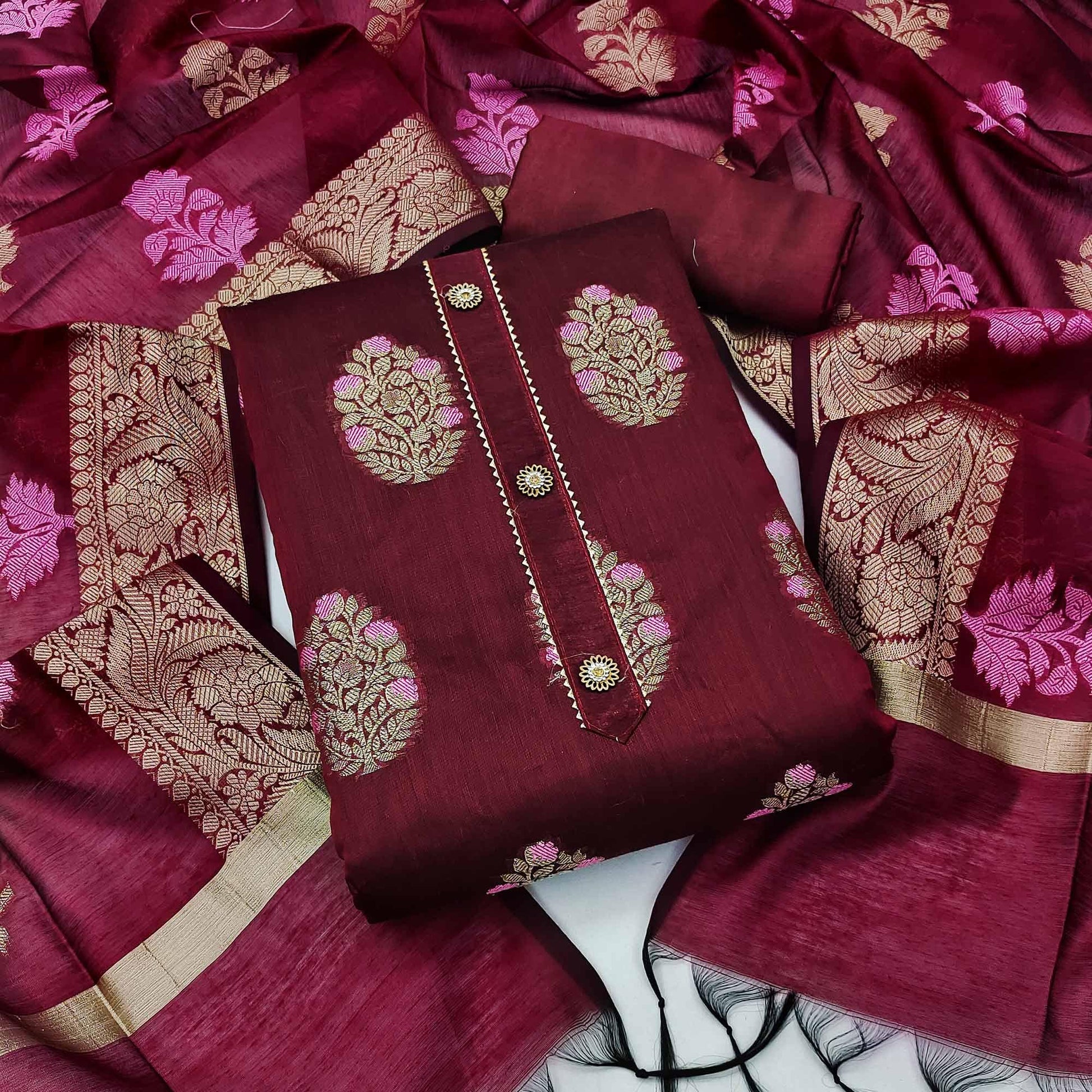 Maroon Woven Jacquard Dress Material