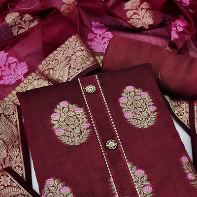 Maroon Woven Jacquard Dress Material