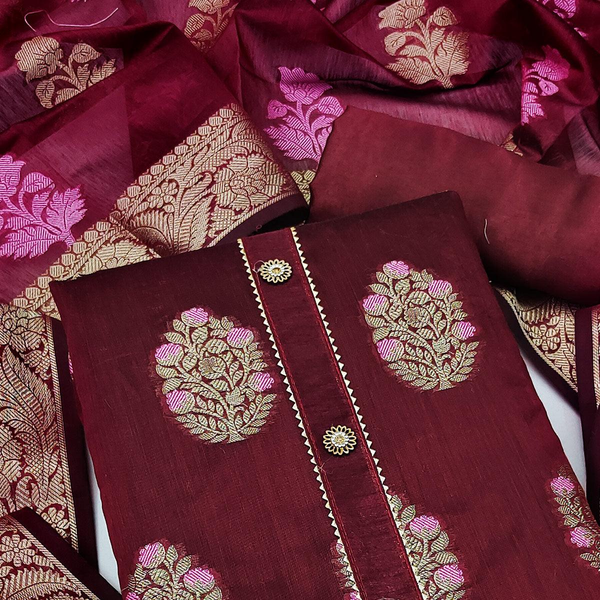 Maroon Woven Jacquard Dress Material