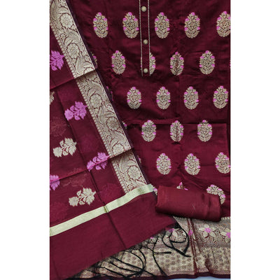 Maroon Woven Jacquard Dress Material