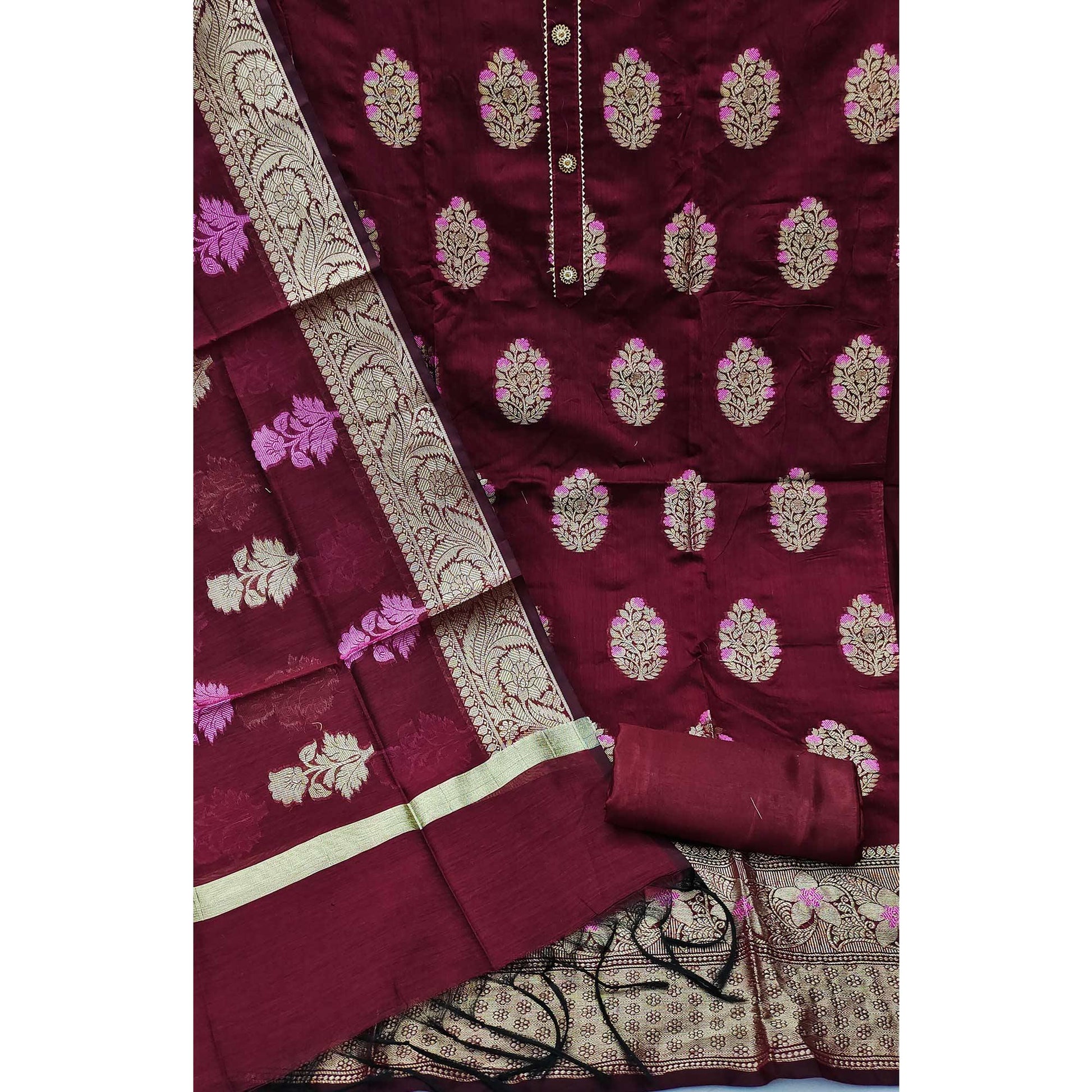 Maroon Woven Jacquard Dress Material