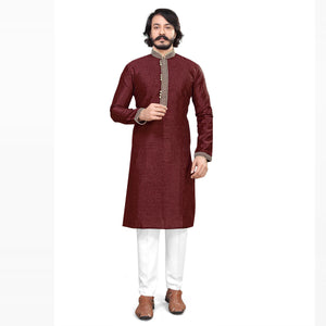 Maroon Woven Jacquard Men's Kurta Pyjama Set