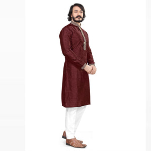 Maroon Woven Jacquard Men's Kurta Pyjama Set