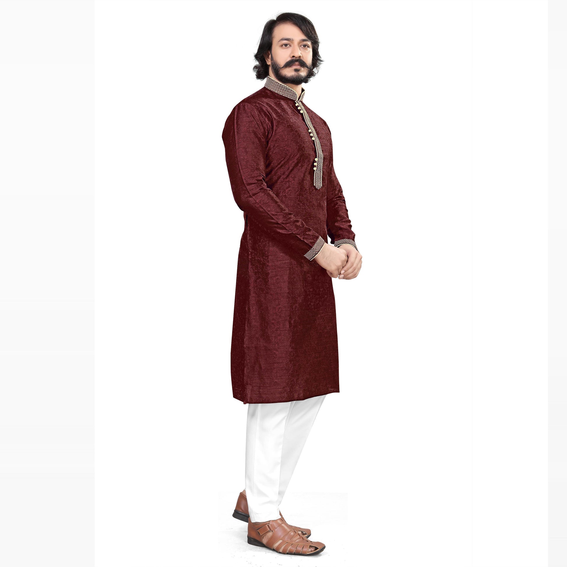 Maroon Woven Jacquard Men's Kurta Pyjama Set