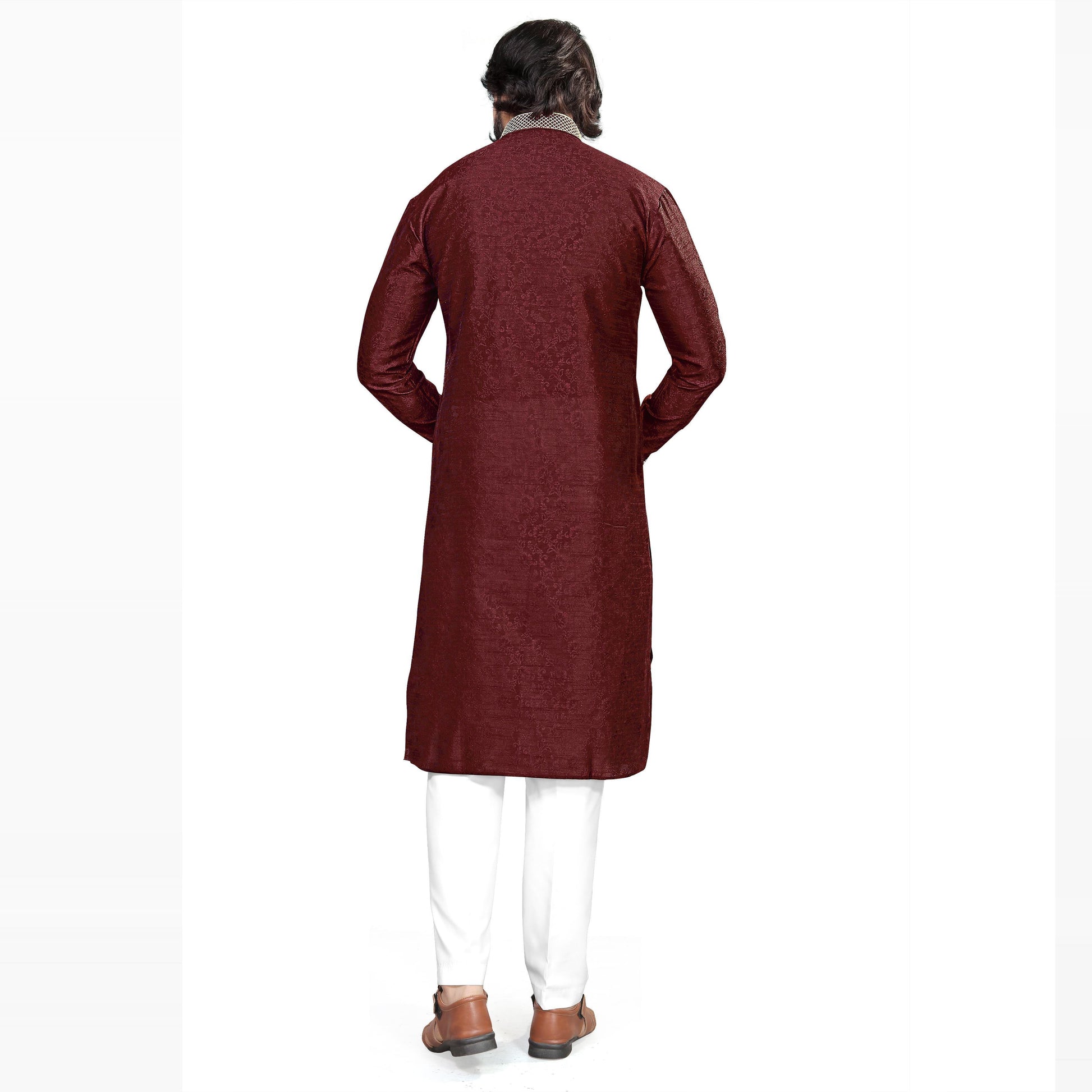 Maroon Woven Jacquard Men's Kurta Pyjama Set