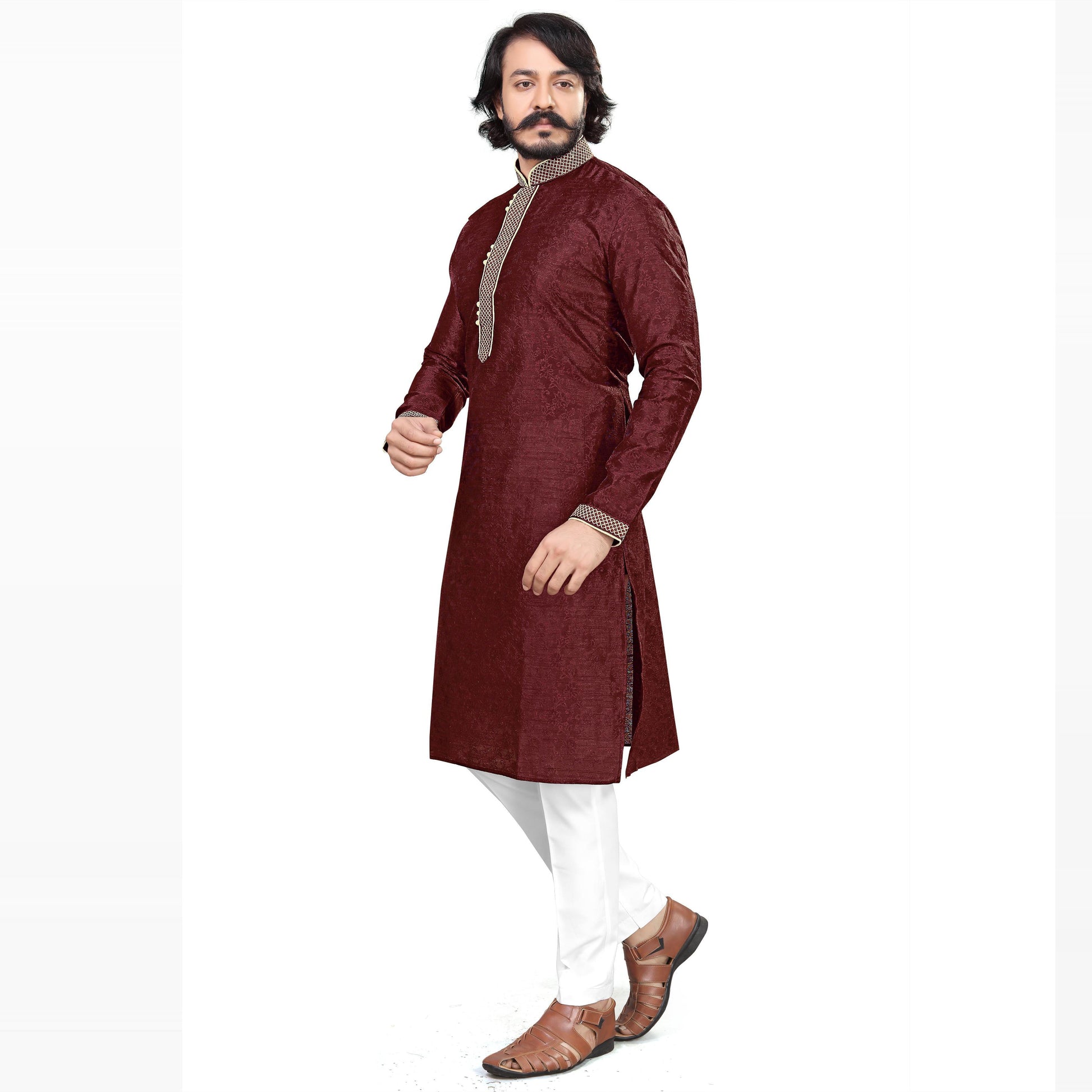 Maroon Woven Jacquard Men's Kurta Pyjama Set