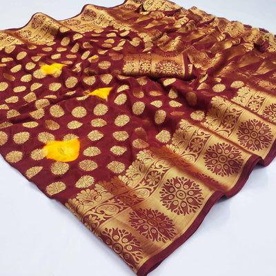 Maroon Woven Jacquard Saree With Tassels