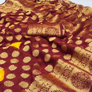 Maroon Woven Jacquard Saree With Tassels