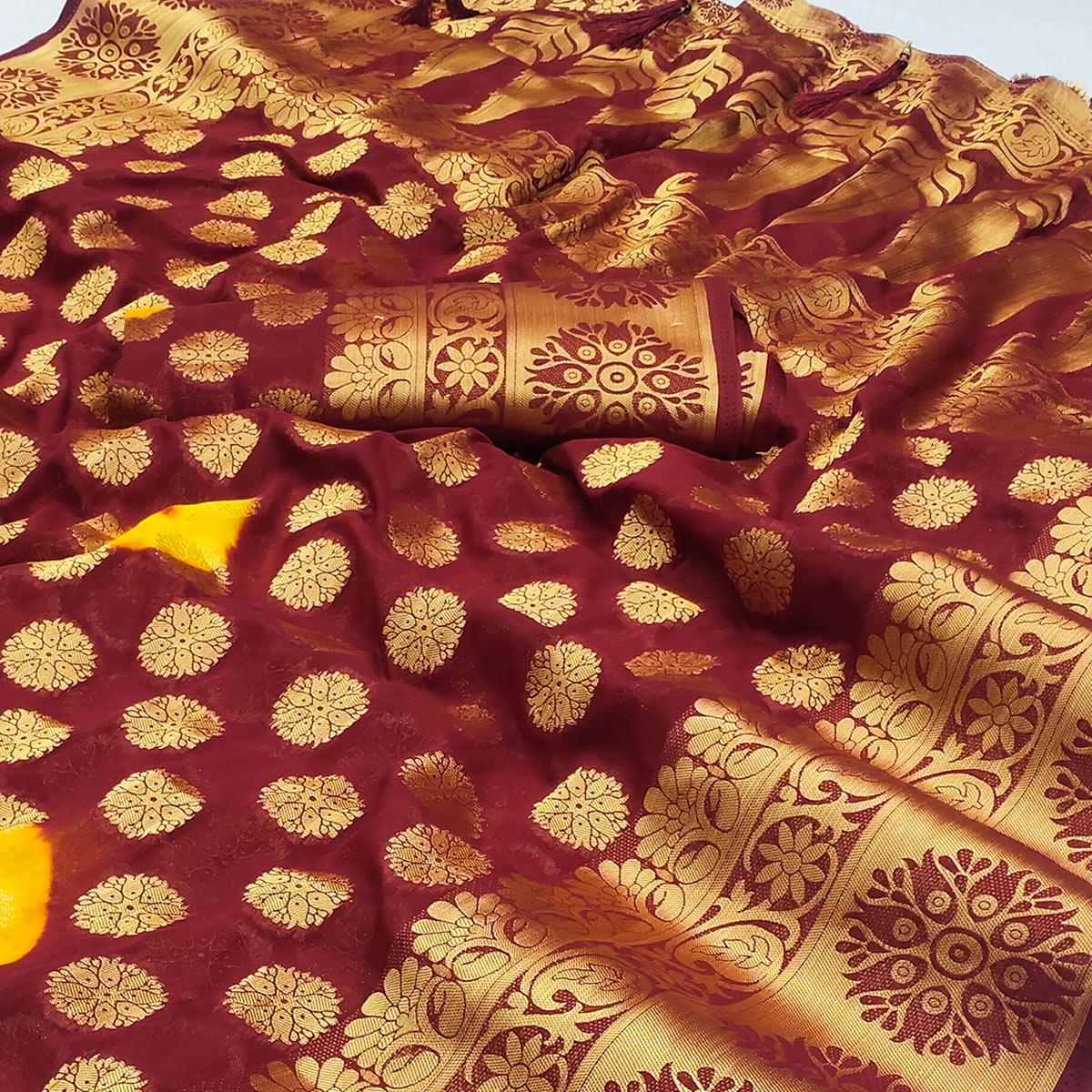 Maroon Woven Jacquard Saree With Tassels