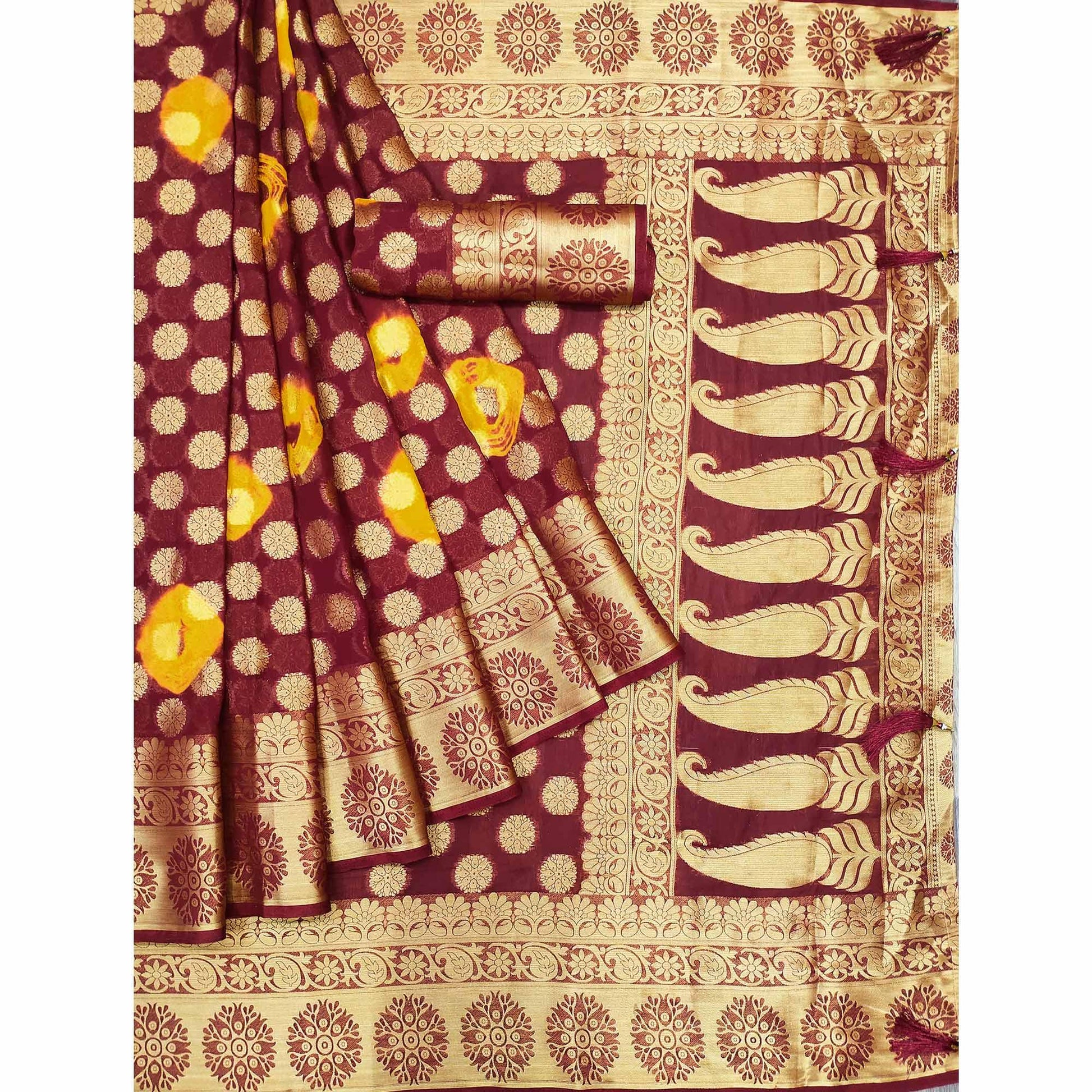 Maroon Woven Jacquard Saree With Tassels