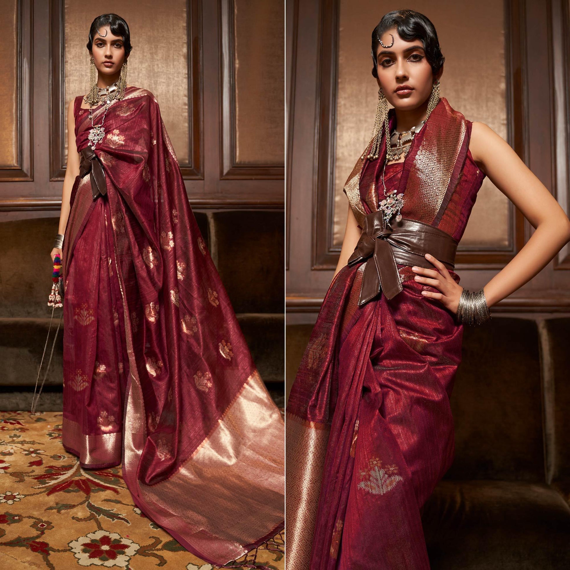 Maroon Woven Pure Silk Saree With Tassels