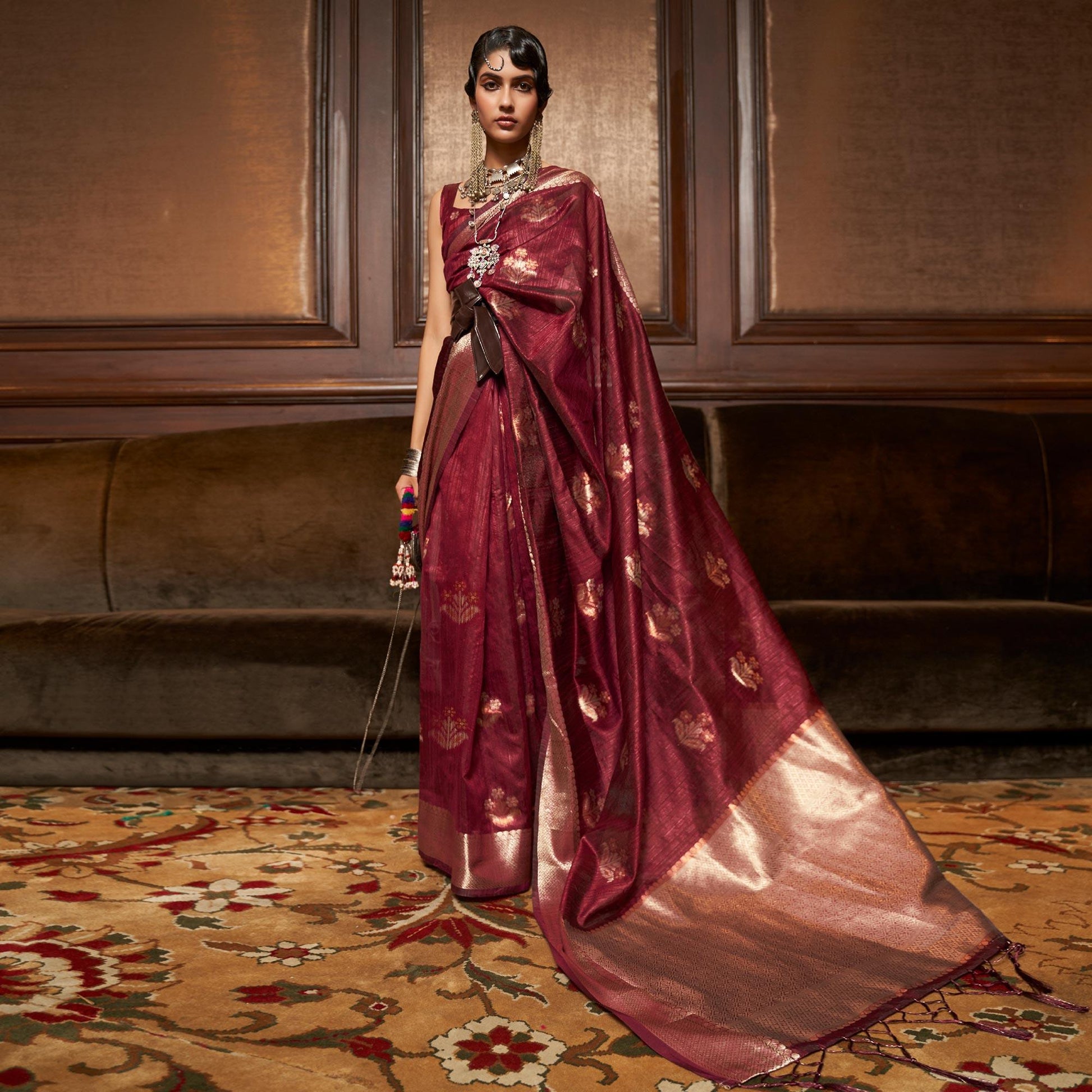 Maroon Woven Pure Silk Saree With Tassels