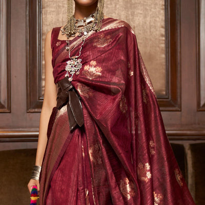 Maroon Woven Pure Silk Saree With Tassels