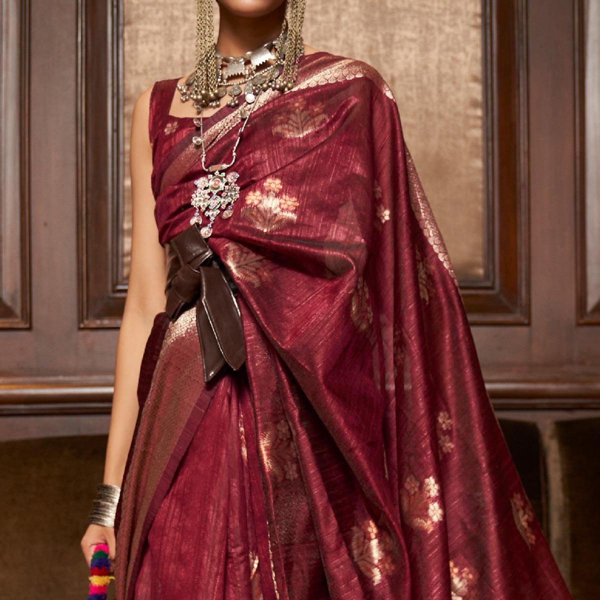 Maroon Woven Pure Silk Saree With Tassels