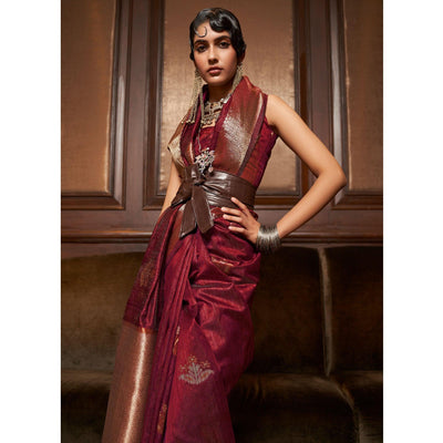 Maroon Woven Pure Silk Saree With Tassels