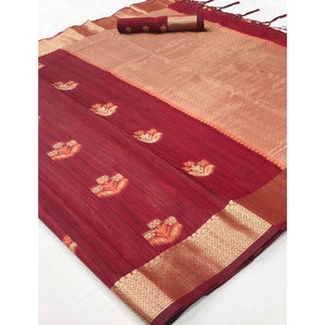 Maroon Woven Pure Silk Saree With Tassels