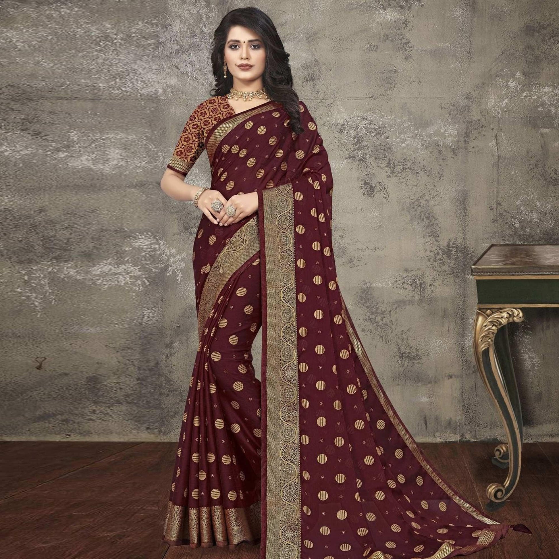Maroon Woven Vichitra Silk Saree