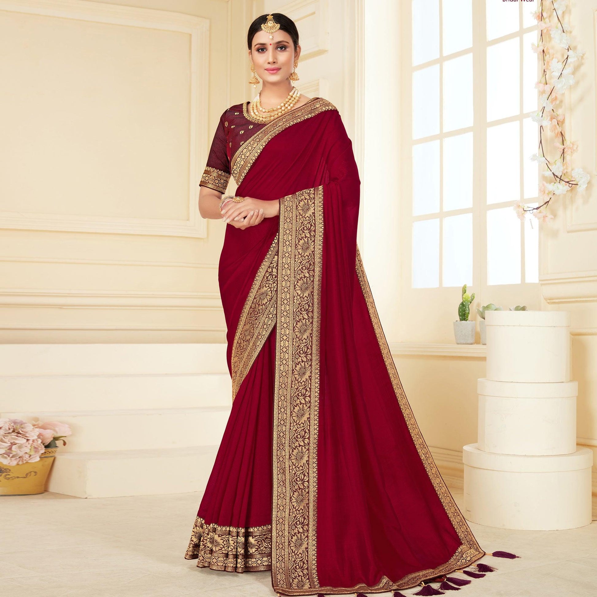 Maroon Woven Vichitra Silk Saree