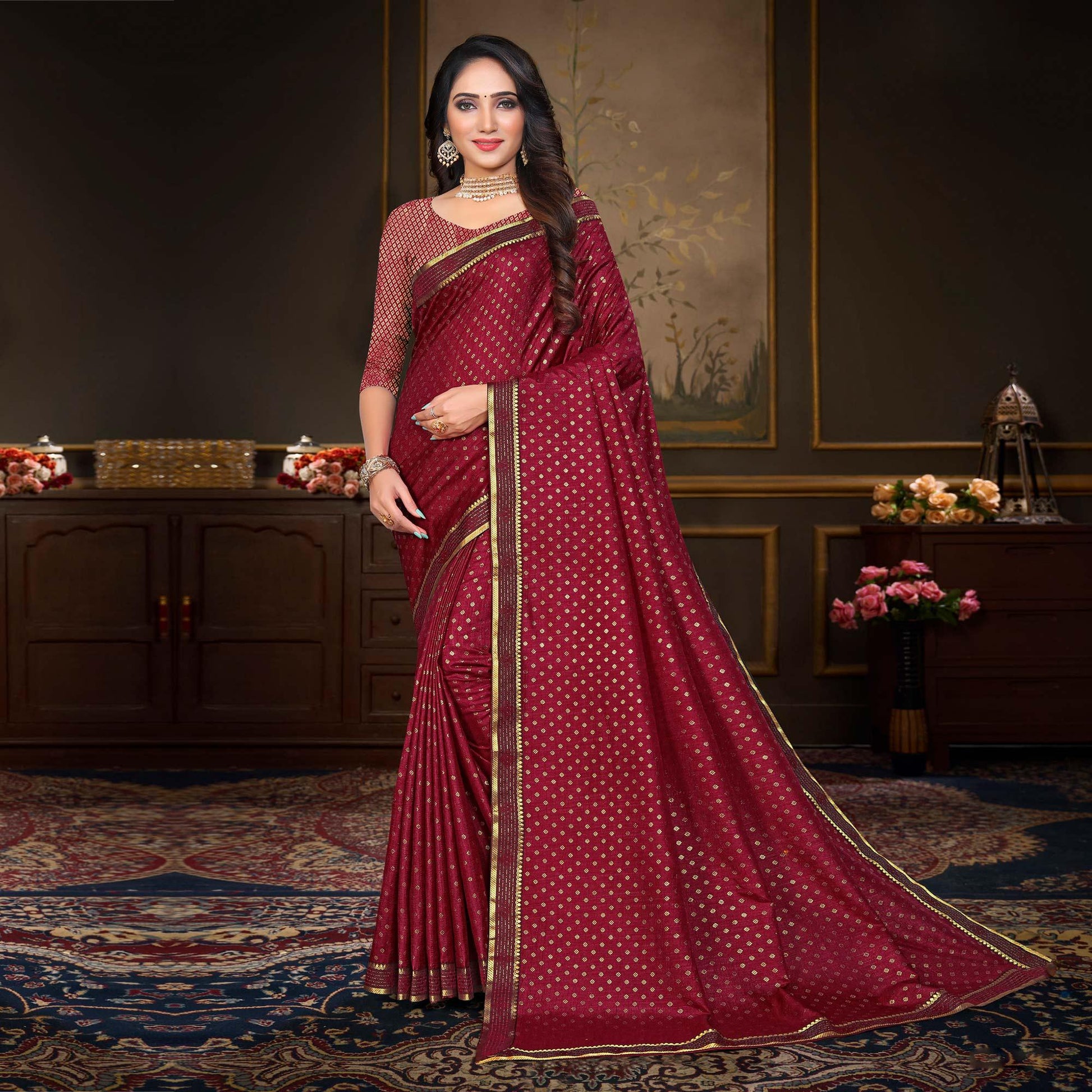 Maroon Woven Vichitra Silk Saree