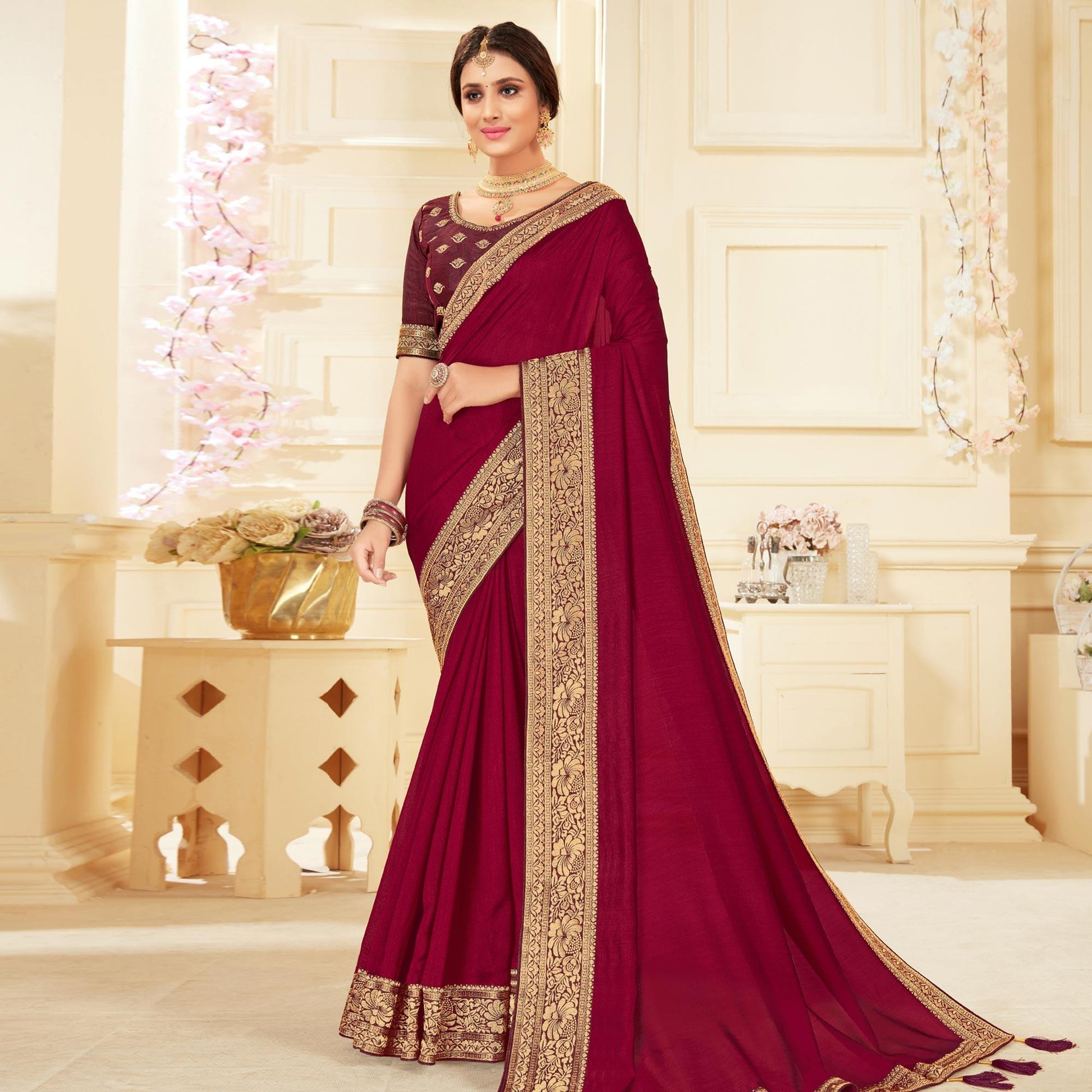 Maroon Woven Vichitra Silk Saree