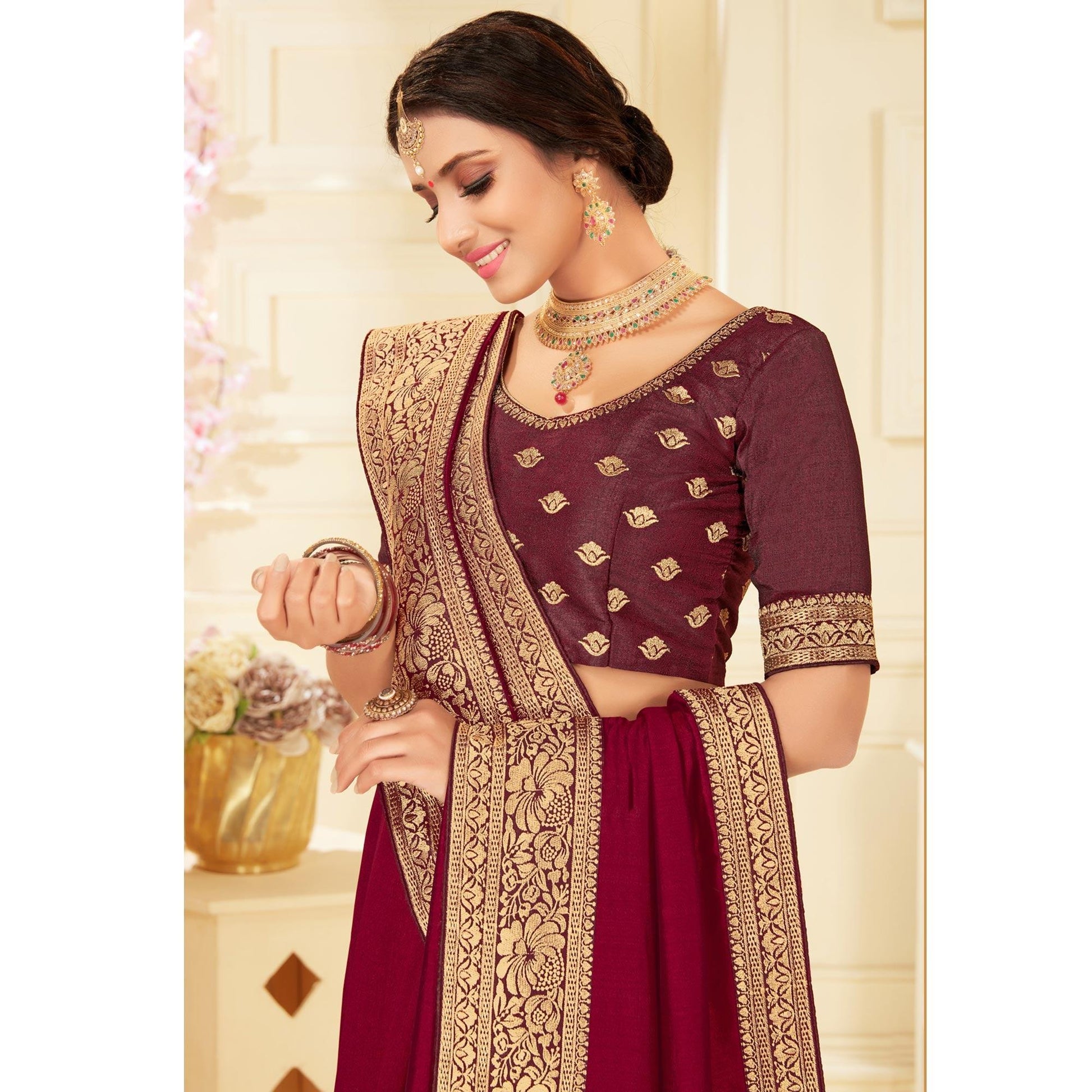 Maroon Woven Vichitra Silk Saree