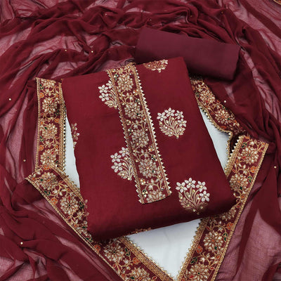 Maroon Woven With Embellished Jacquard Dress Material