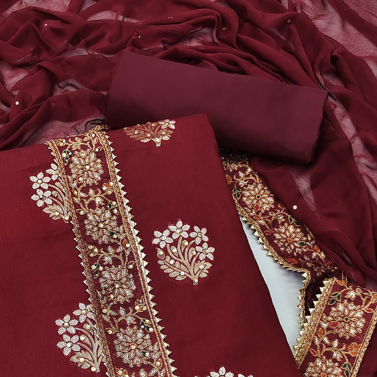 Maroon Woven With Embellished Jacquard Dress Material