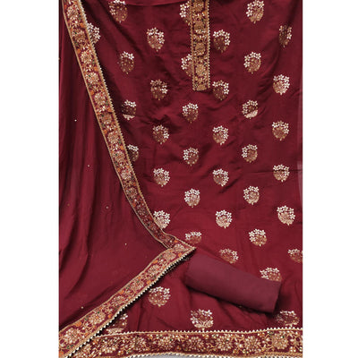 Maroon Woven With Embellished Jacquard Dress Material
