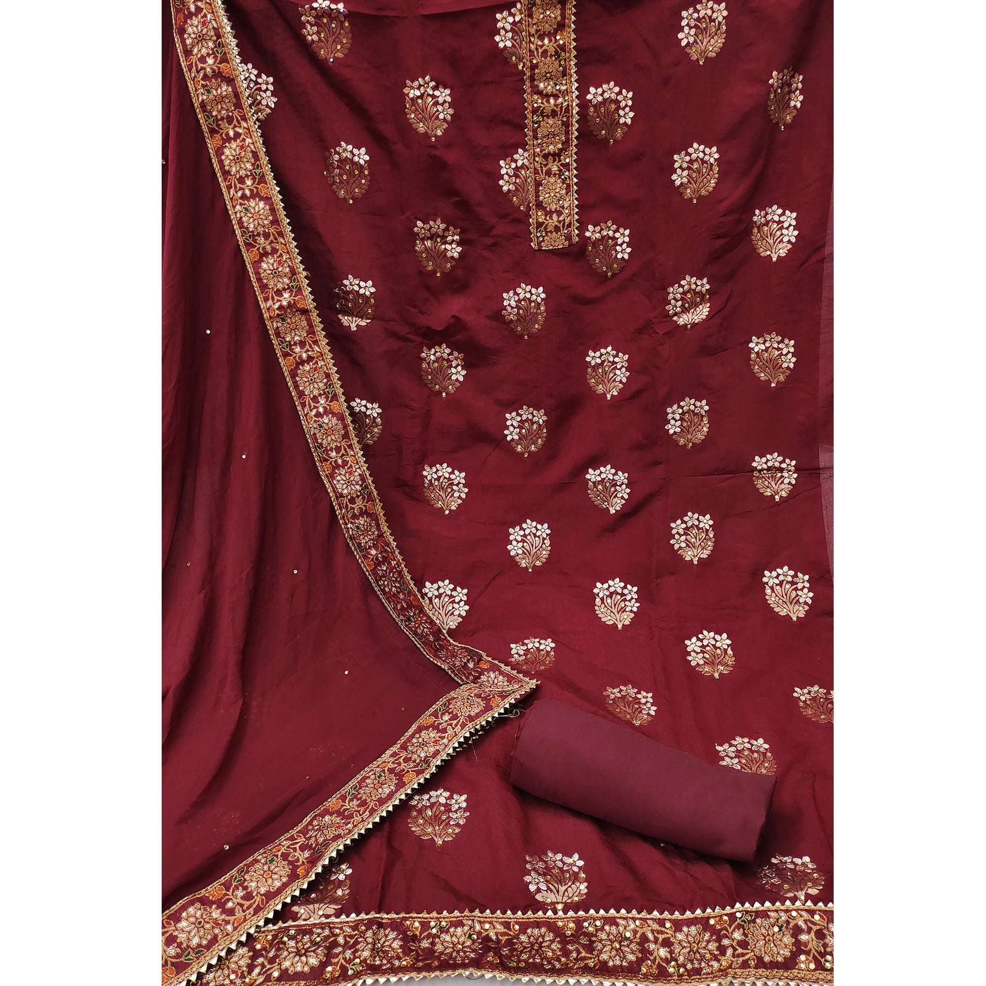 Maroon Woven With Embellished Jacquard Dress Material