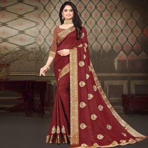 Maroon Woven With Embellished Vichitra Silk Saree