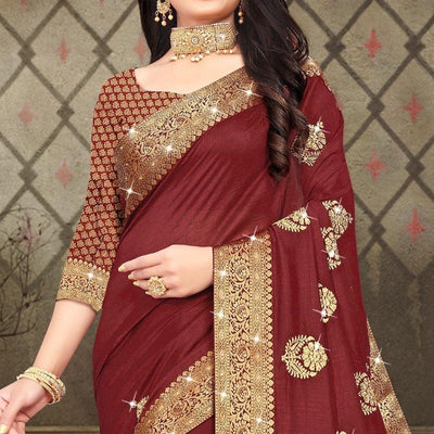 Maroon Woven With Embellished Vichitra Silk Saree