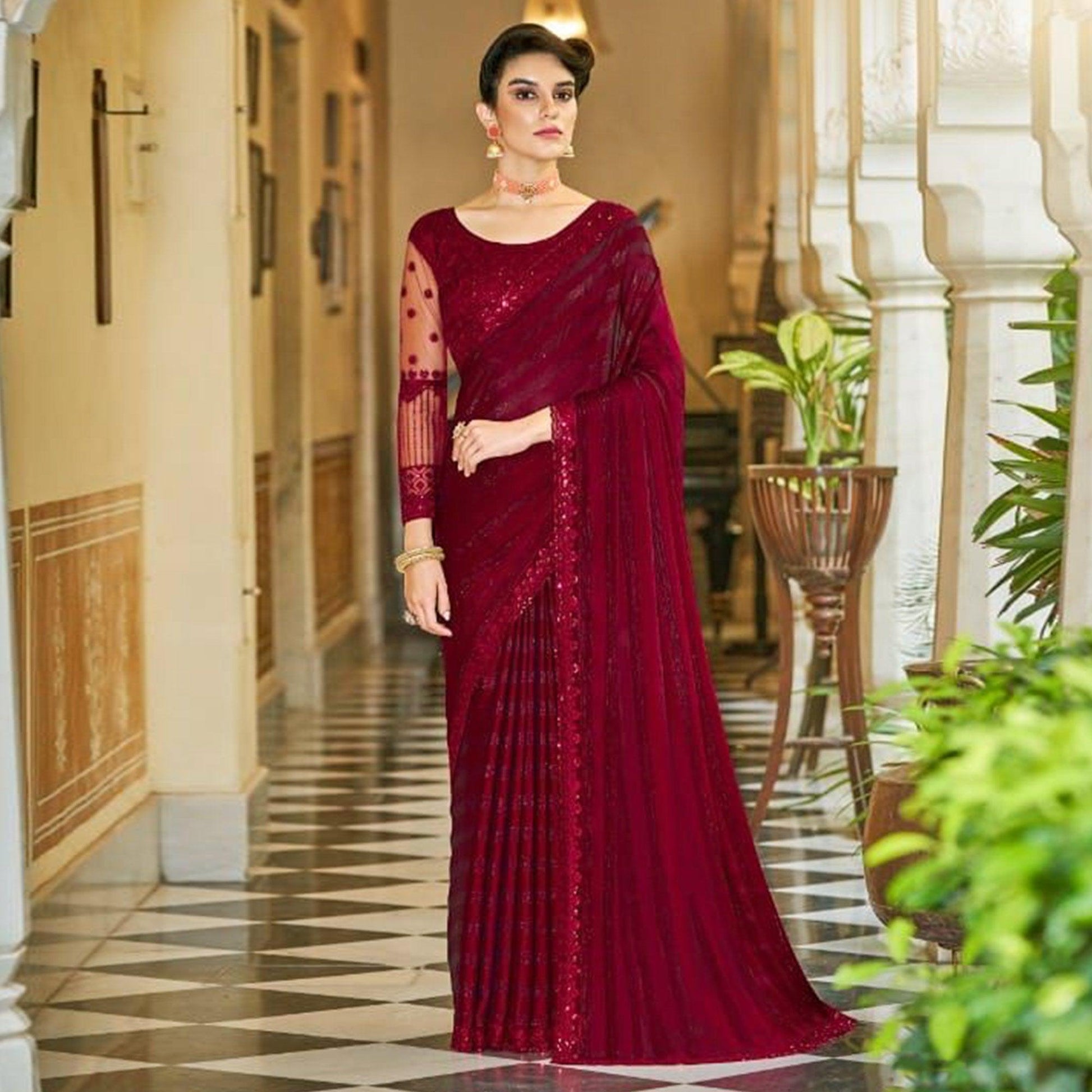 Maroon Zari Striped Art Silk Saree