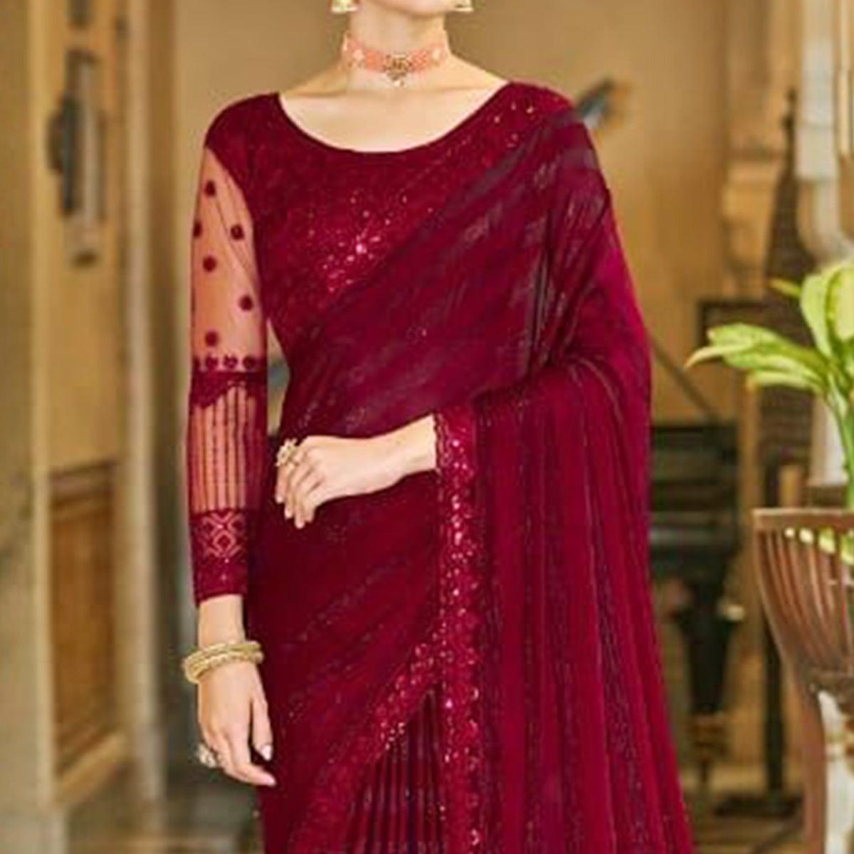Maroon Zari Striped Art Silk Saree