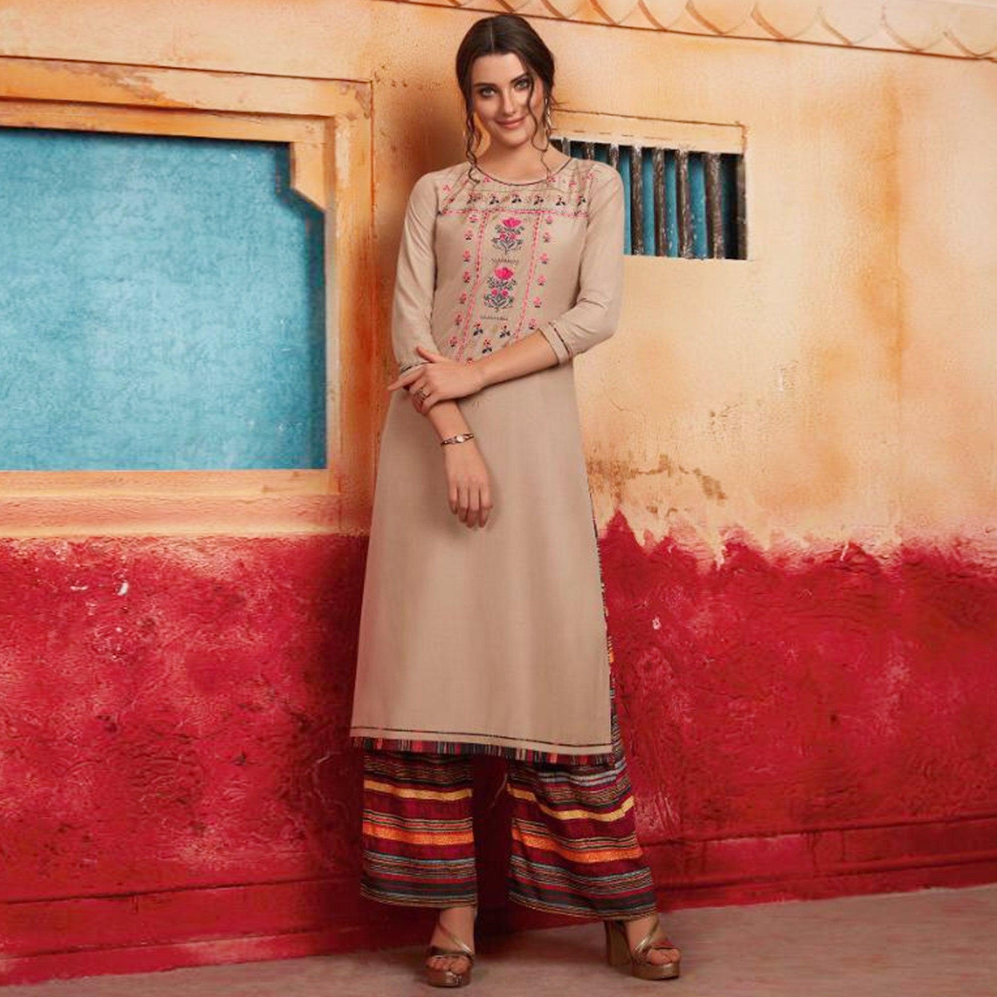 Marvellous Beige Colored Partywear Embroidered Pure Muslin-Silk Kurti-Palazzo Set