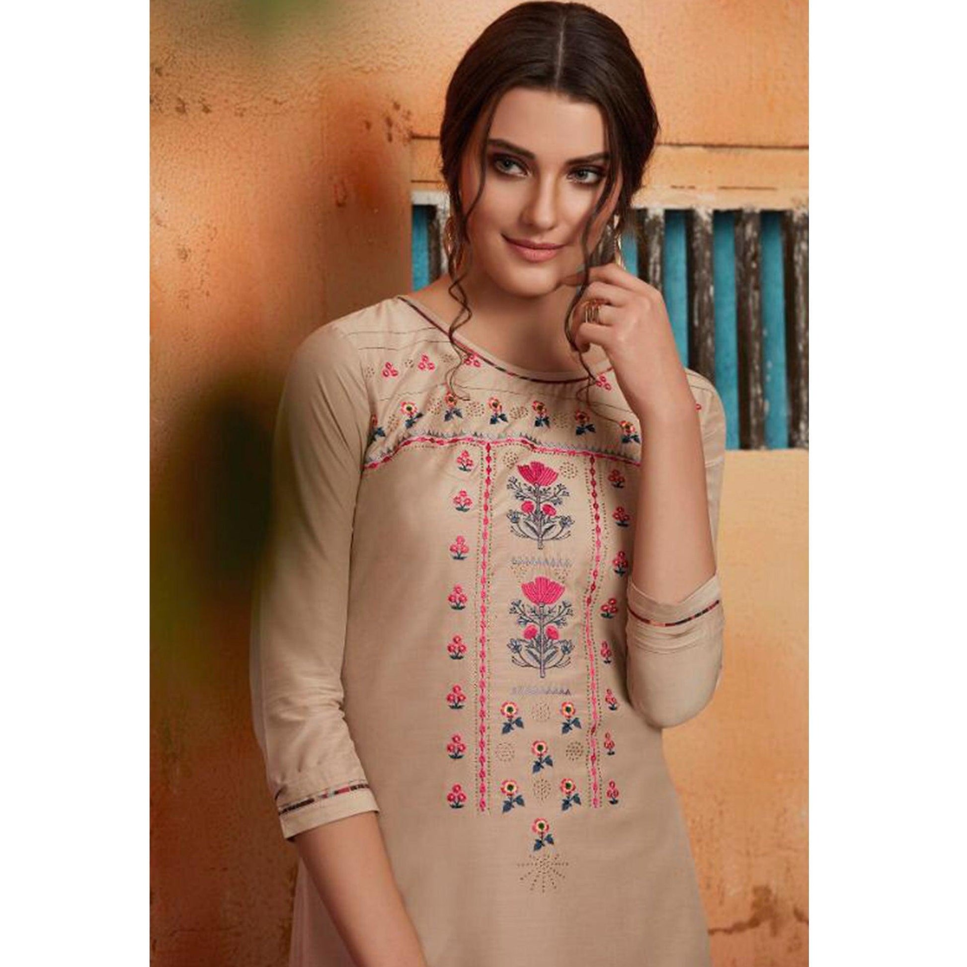 Marvellous Beige Colored Partywear Embroidered Pure Muslin-Silk Kurti-Palazzo Set