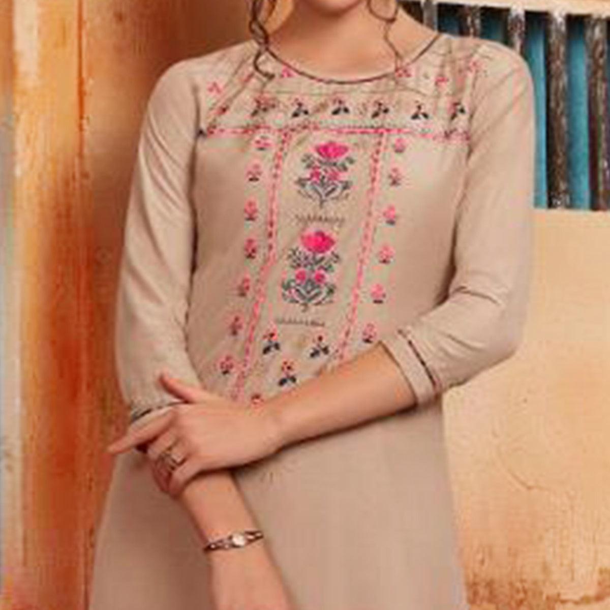 Marvellous Beige Colored Partywear Embroidered Pure Muslin-Silk Kurti-Palazzo Set
