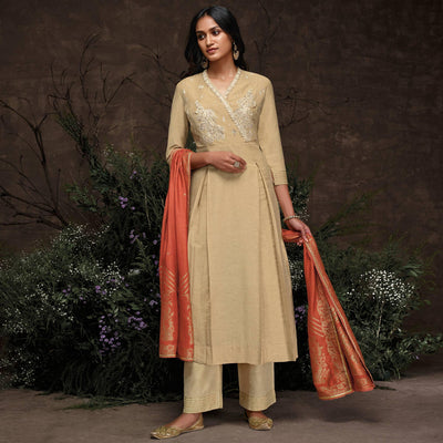 Marvellous Beige Colored Partywear Embroidered Silk Kurti-Palazzo Set With Banarasi Dupatta