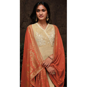 Marvellous Beige Colored Partywear Embroidered Silk Kurti-Palazzo Set With Banarasi Dupatta