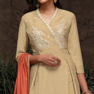 Marvellous Beige Colored Partywear Embroidered Silk Kurti-Palazzo Set With Banarasi Dupatta