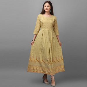 Marvellous Beige Coloured Casual Wear Printed Rayon Malai Kurti